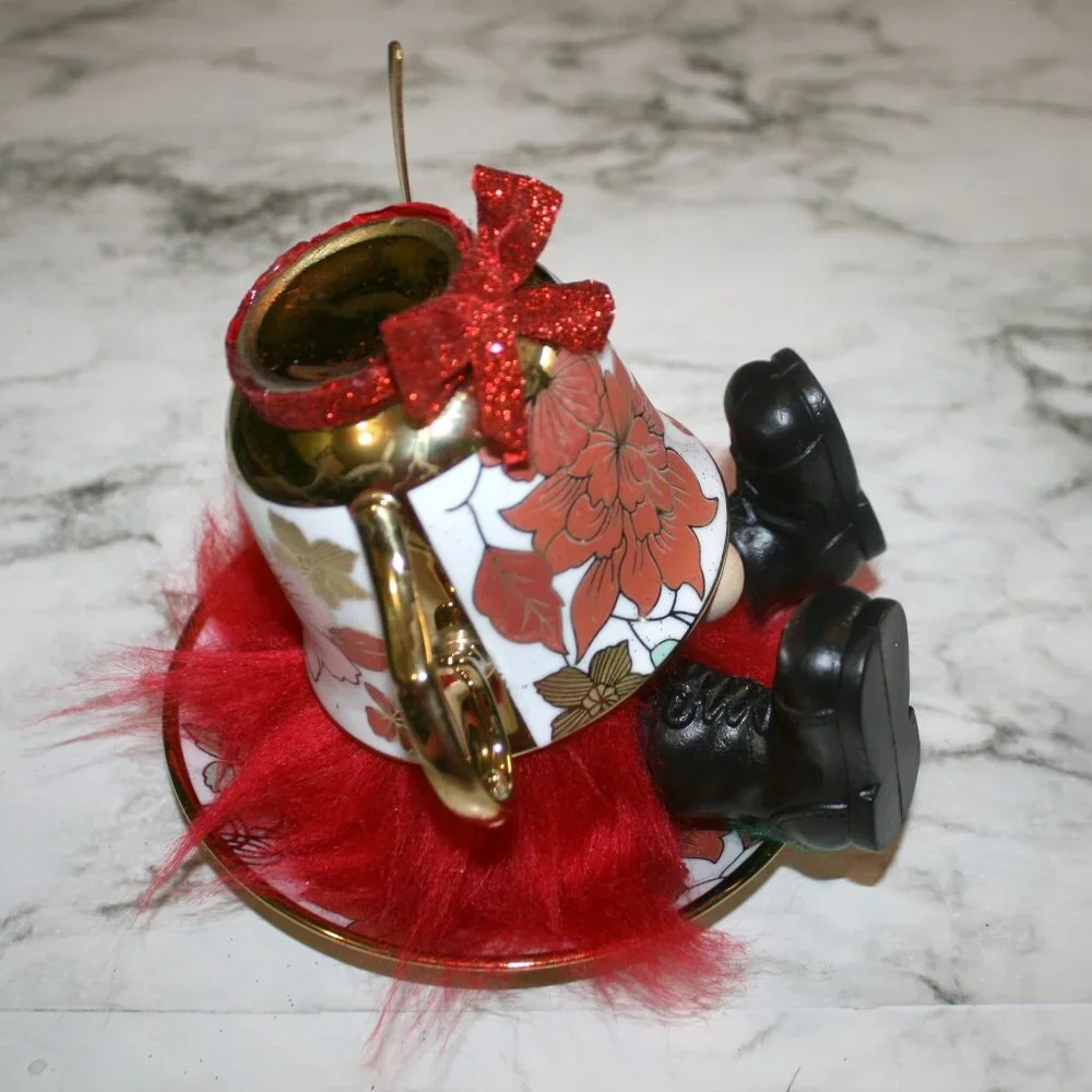 HAND CRAFTED Gnome Tea Cup and Saucer Set Floral Metallic Home Decor Red